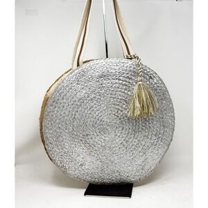 Soft Surroundings Jute Circle Tote Bag Woven Metallic Silver Gold Tassel